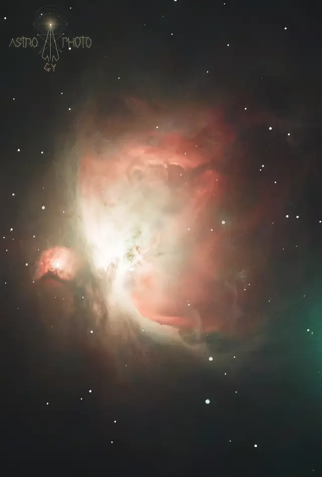 The Orion Nebula (M42), glowing gas around the Trapezium stars at its heart